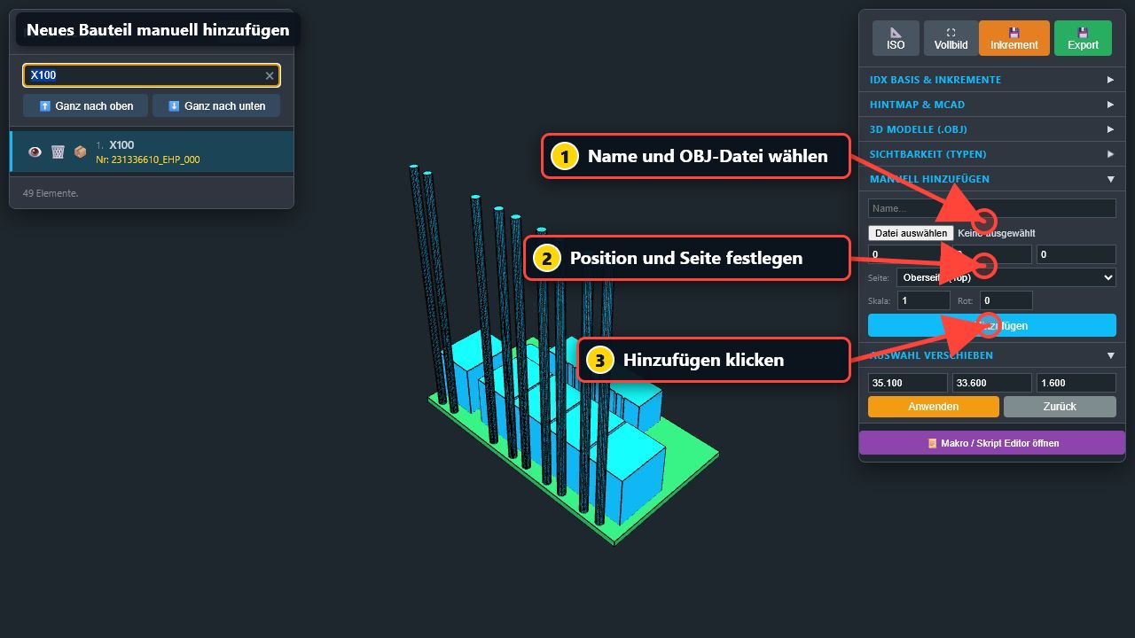 Name, OBJ-Datei, Position und Hinzufügen-Schaltfläche